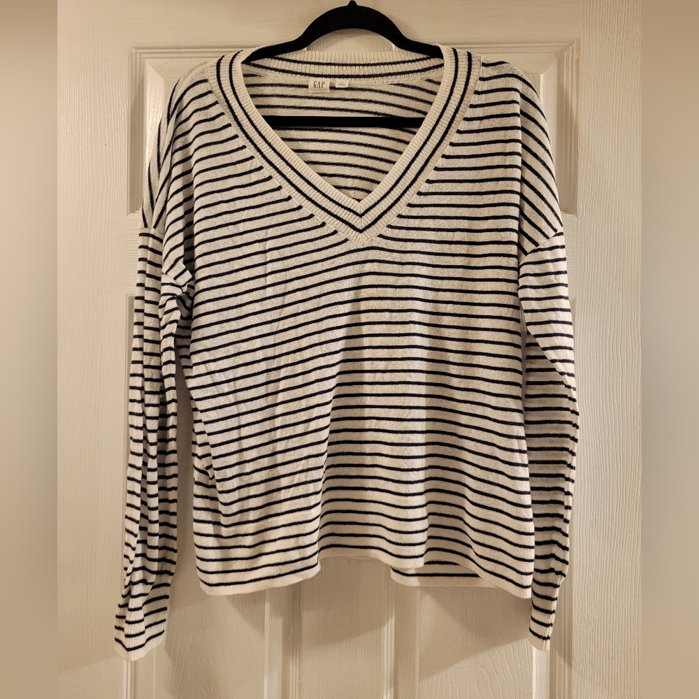 GAP Cream and Black Striped Knit Long Sleeve Top Large